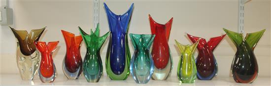 Ten Murano Sommerso and coloured glass fish-form vases, 1950s-70s, 15cm - 31.5cm